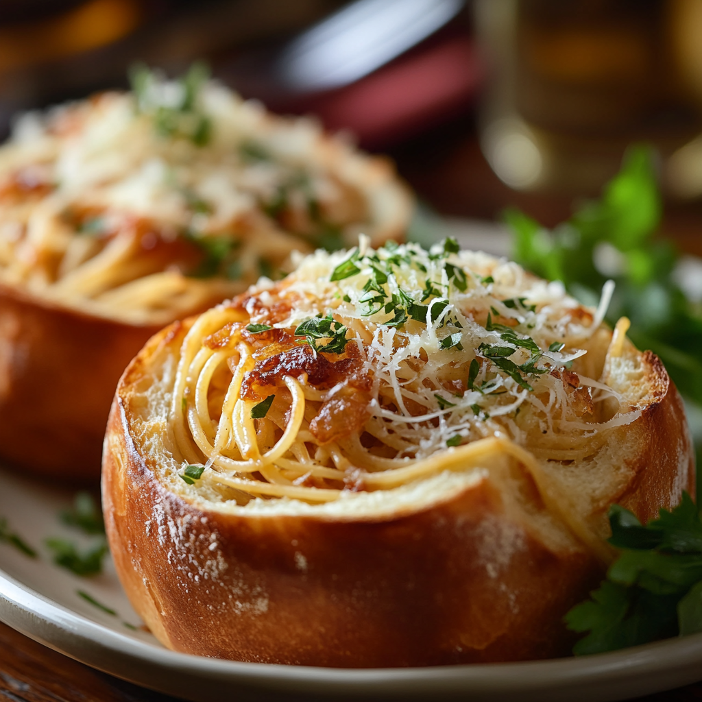 Spaghetti Garlic Bread Bowls