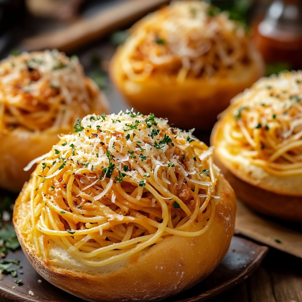 Spaghetti Garlic Bread Bowls